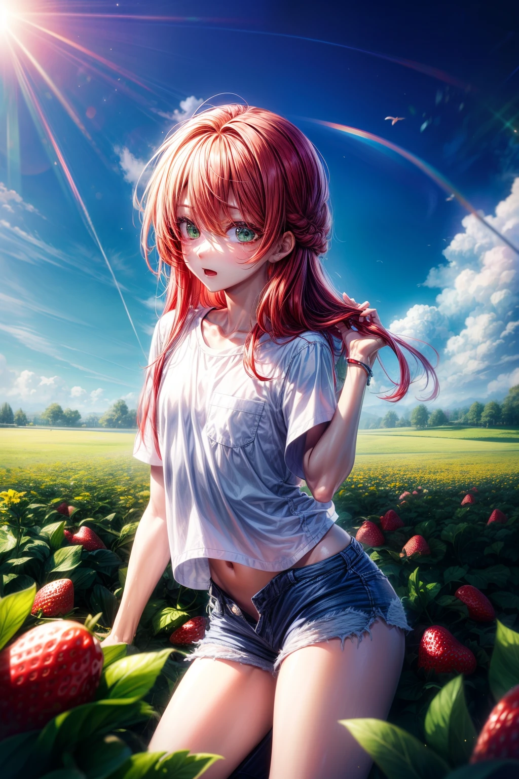 Best quality, 超高分辨率, 1 boy, Red hair, Green eyes, short and thin body, wearing a white shirt and shorts, ((shyexpression)), strawberry field