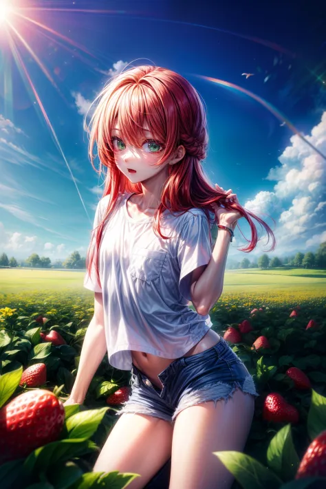 Best quality, 超高分辨率, 1 boy, Red hair, Green eyes, short and thin body, wearing a white shirt and shorts, ((shyexpression)), stra...