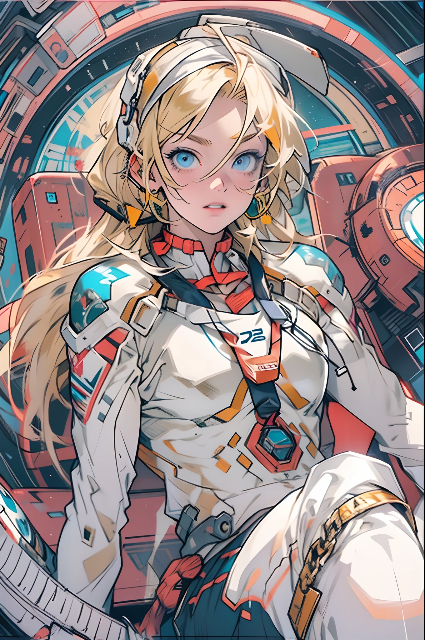 Young blonde anime, Body-beautifying, Dark blue eyes, White clothes with blue details, on spaceship, Pair it with a gold-tone necklace
