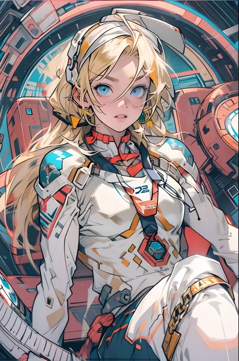 Young blonde anime, Body-beautifying, Dark blue eyes, White clothes with blue details, on spaceship, Pair it with a gold-tone ne...