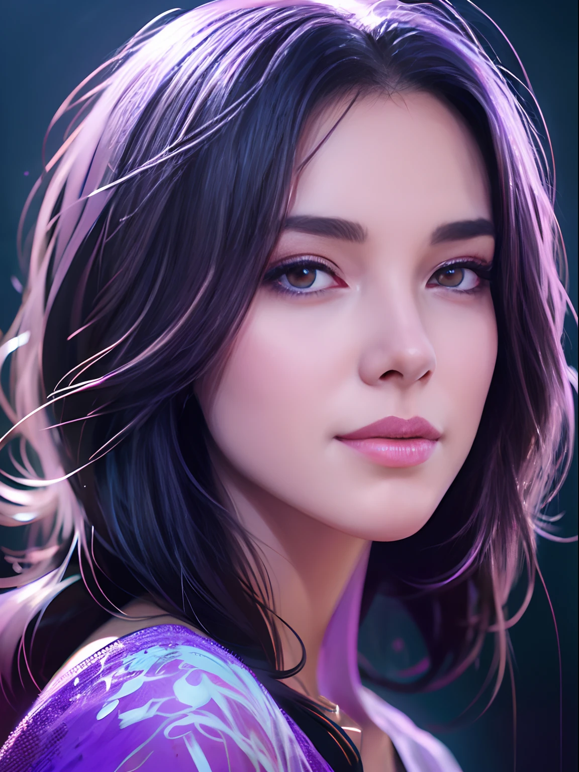 happy girl, Centered, Looking at the camera, Approaching perfection, Dynamic, Violet hue, Highly detailed, Digital Painting, Art Station, Concept art, Smooth, Sharp Focus, Illustration, art by carne griffiths and wadim kashin, Detailed face, 4K