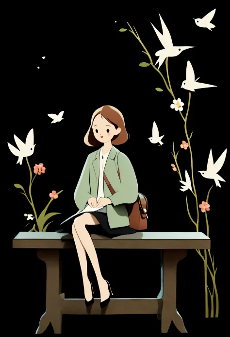 Full body photo sticker of a beautiful woman sitting on a bench and working、Black tights、extremely detailed beautiful face、kim jung gi、liberta、souls、(​masterpiece、 top-quality、top-quality、Official art、Beautifully Aesthetic:1.2)、(1girl in:1.3)、ighly detaile...