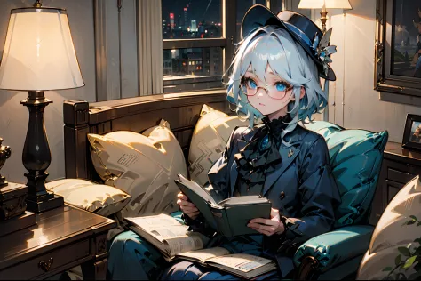 (Masterpiece), (4k ultra detailed), smooth skin, blue hat, blue clothes, blue eyes, solo, sitting inside a room, reading books, glasses, lamp, nighttime