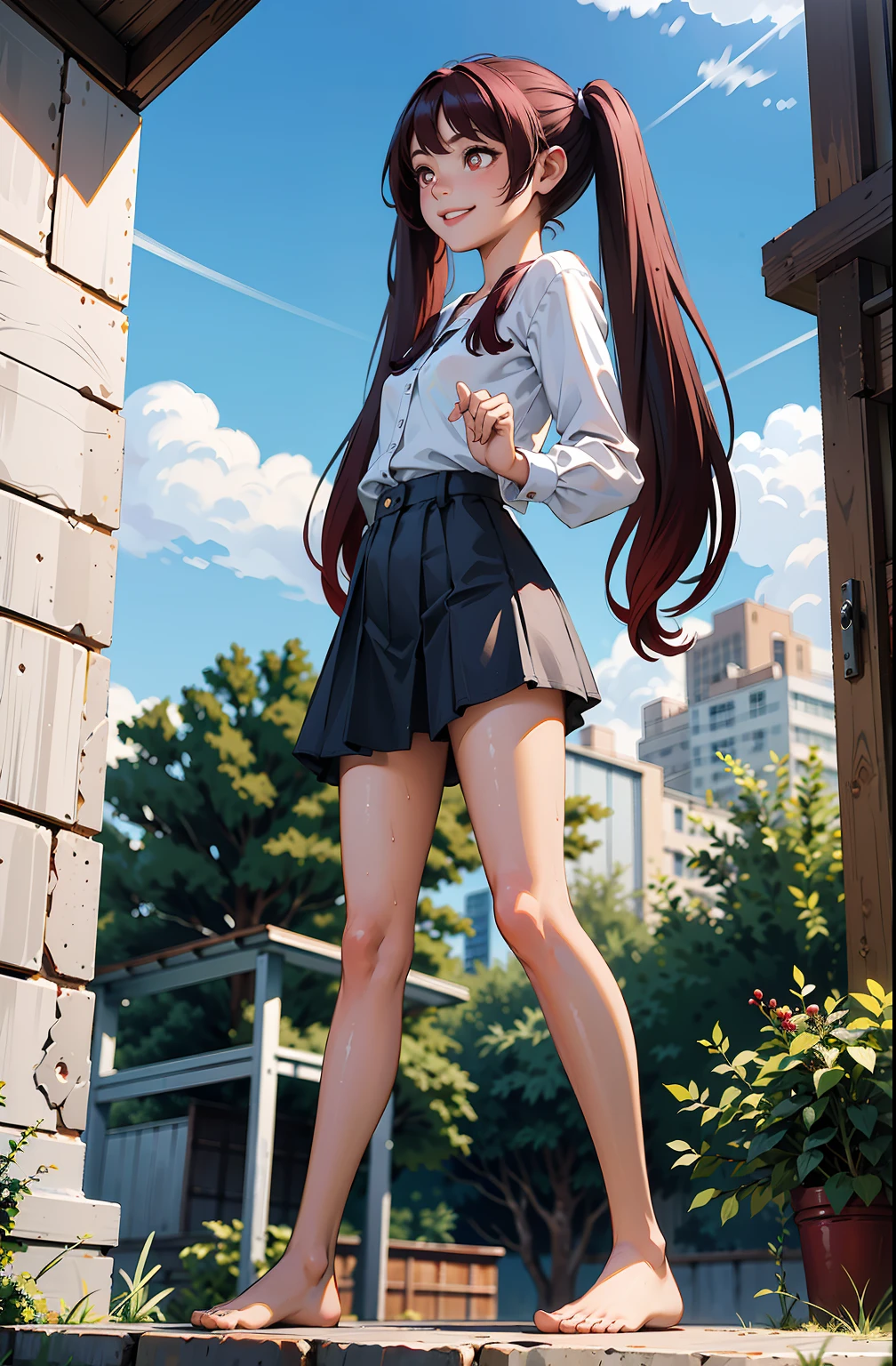 (masterpiece, best quality), ultra detailed, an full body portrait of a young girl looking at the sky, side perspective, bokeh, (gold eyes, burgundy hair, long twintails, confident smile), oversized white shirt, naked lower body, bare feet, wet skin, wet clothes,