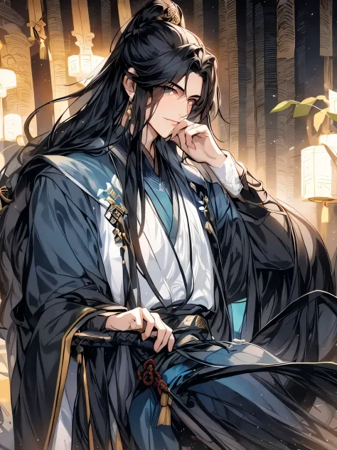 The image of a 28-year-old man with long black hair and a robe holding a fan, Flowing black hair，Black eyes and a cyan ink-and-bamboo robe, A handsome guy in the amorous and wanton art,handsome guy in demon killer art, with his long black hair,Long hair ti...