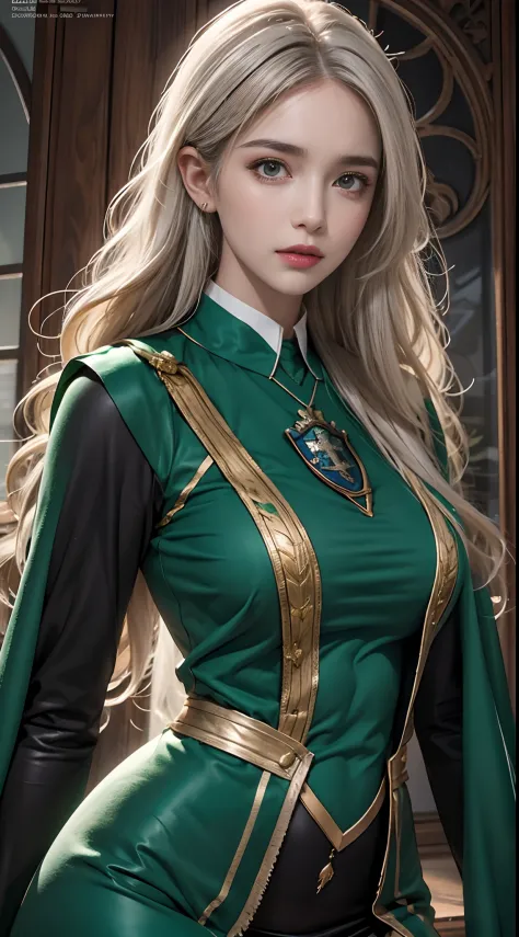 Photorealistic, high resolution, 1womanl, Solo, Hips up, view the viewer, (Detailed face), Hogwarts uniform, hogsks, Slytherin