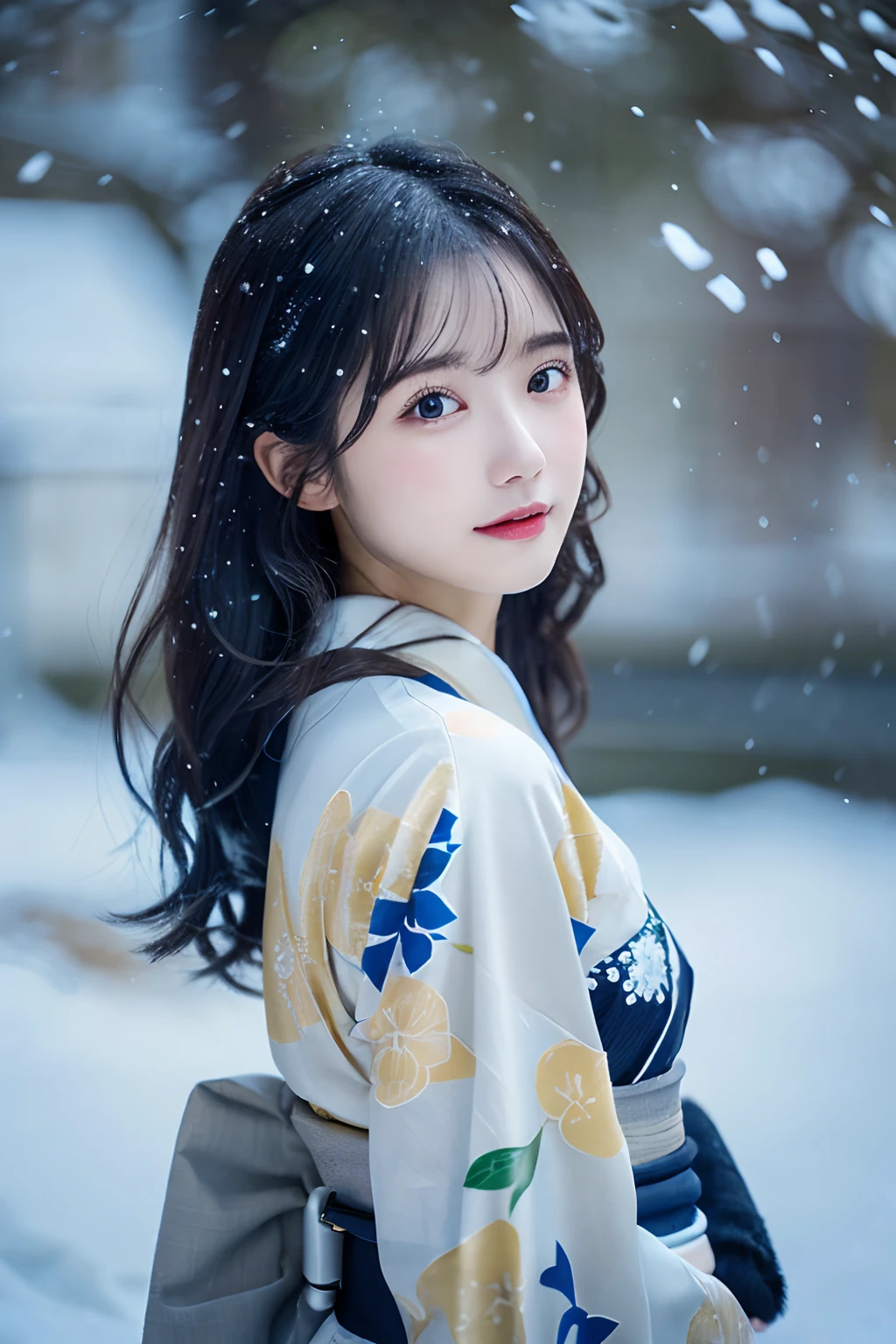 (Kimono)、、(top-quality,​masterpiece:1.3,超A high resolution,),(ultra-detailliert,Caustics),(Photorealsitic:1.4,RAW shooting,)Ultra-realistic capture,A highly detailed,high-definition16Kfor human skin、 Skin texture is natural、、The skin looks healthy with an even tone、 Use natural light and color,One Woman,japanes,,kawaii,A dark-haired,Middle hair,(depth of fields、chromatic abberation、、Wide range of lighting、Natural Shading、)、、(Falling snow:1.2)、(Hair swaying in the wind:1.2)、(Snow reflects light:1.2)、back lighting, naked;