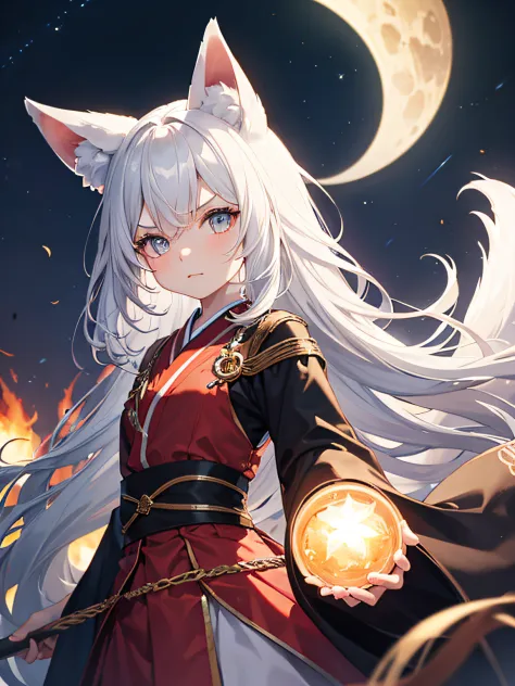 small girl with white hair and fox ears, night parade, blazing sun, 1 floating fox spirit, blue left eye and yellow right eye