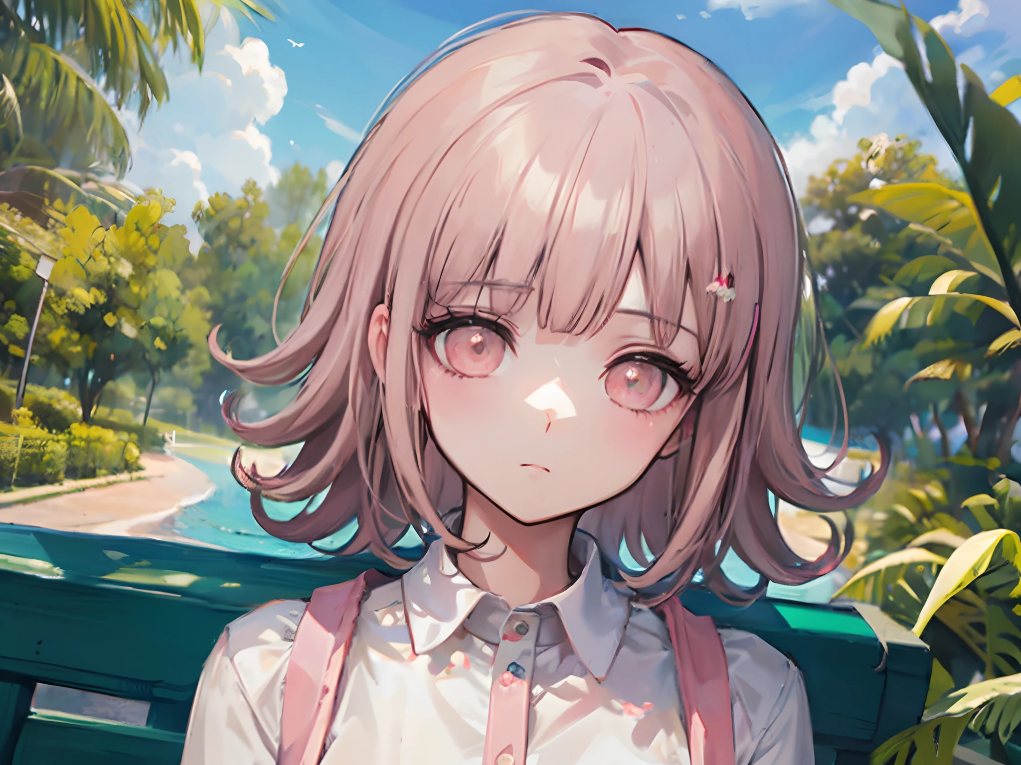 Chiaki nanami sentado en un banco del parque, Mirando al horizonte, pensativo, Estar absorto, Daylight, hermoso parque, Pelo corto rosa, ojos rosados, flequillo, Chaqueta con capucha verde azulado, Falda beige, Camisa con cuello de ehite, Horquilla, air particles, sentada, Descansando, 20 yrs old girl