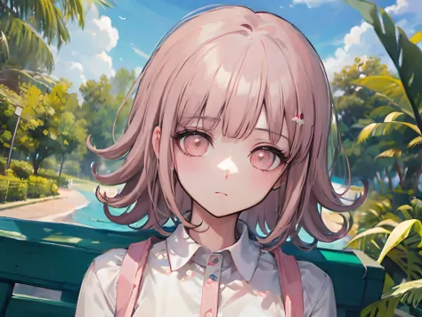 Chiaki nanami sentado en un banco del parque, Mirando al horizonte, pensativo, Estar absorto, Daylight, hermoso parque, Pelo cor...