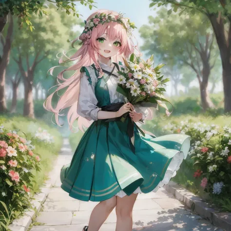 anime girl with pink hair and green dress holding flowers, guweiz on pixiv artstation, guweiz, smooth anime cg art, cute anime w...