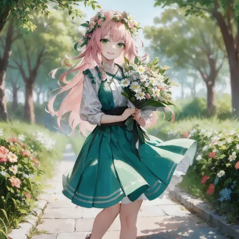 anime girl with pink hair and green dress holding flowers, guweiz on pixiv artstation, guweiz, smooth anime cg art, cute anime w...