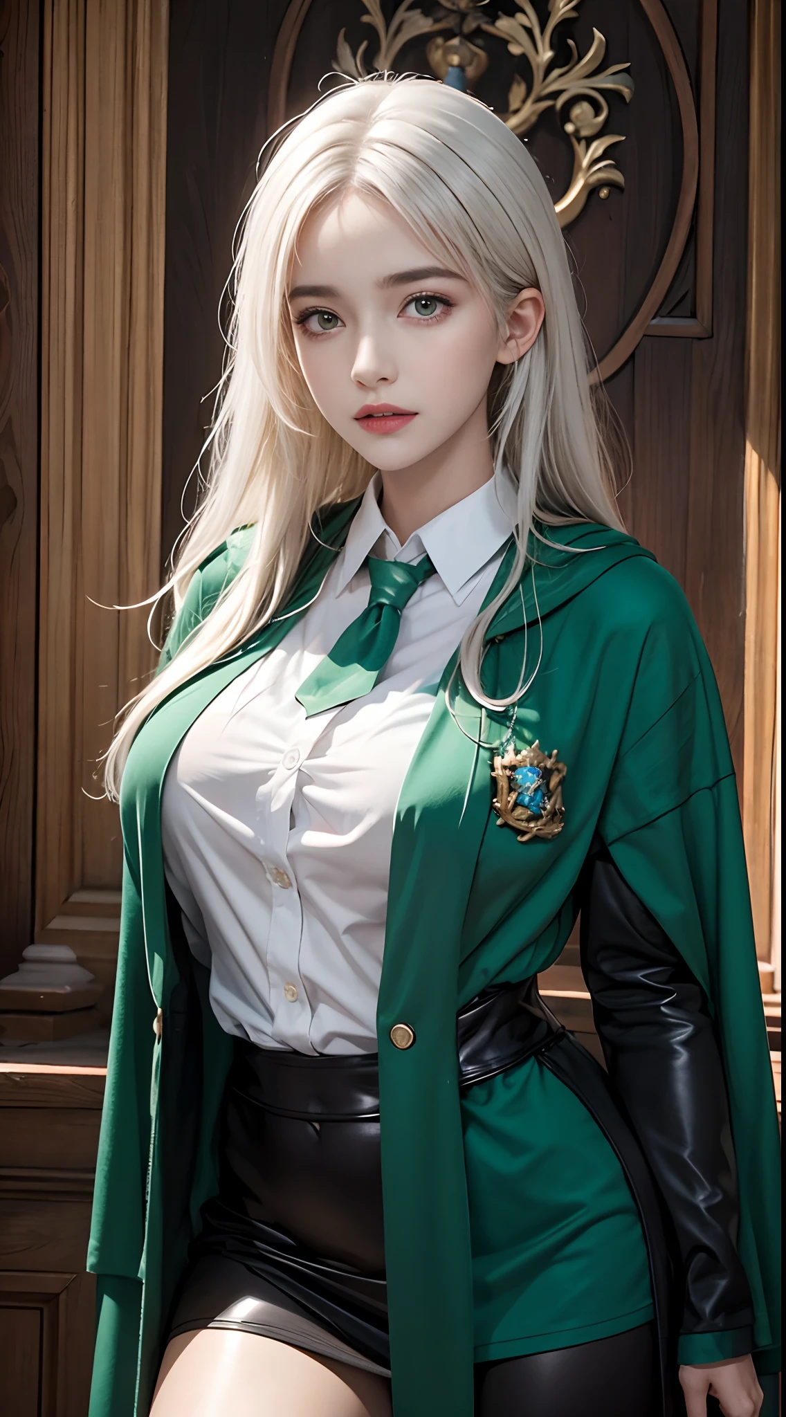 fotorrealista, Alta resolução, 1mulher, Sozinho, quadris para cima, ver o visualizador, (rosto detalhado), Uniforme de Hogwarts, porcos, Sonserina