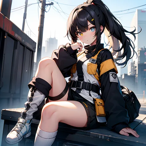 A fifteen-year-old girl，Long black hair dyed white，Heterochromic pupils，blue color eyes，Yellow eyes，White combat uniform，Black shorts，Long-edged ponytail，Over-the-knee socks，Perfect hands，Cute eyes，stand posture
