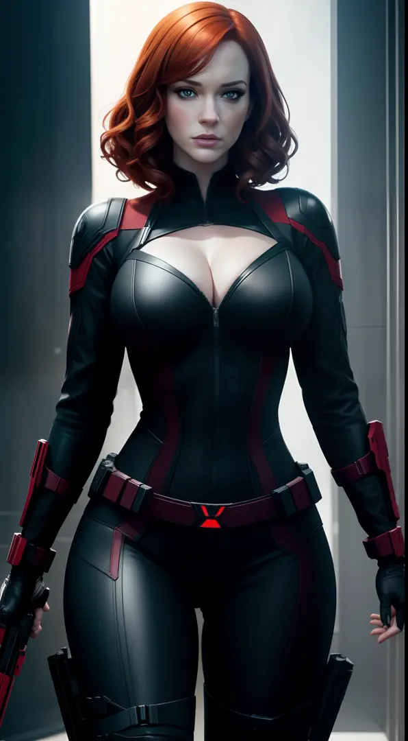 Subject: A photorealistic portrayal of Christina Hendricks as Black Widow from Marvel Comics, standing confidently in her sleek and deadly attire.
Type of Image: Photorealistic digital artwork featuring Christina Hendricks as Black Widow
Art Styles: Photor...