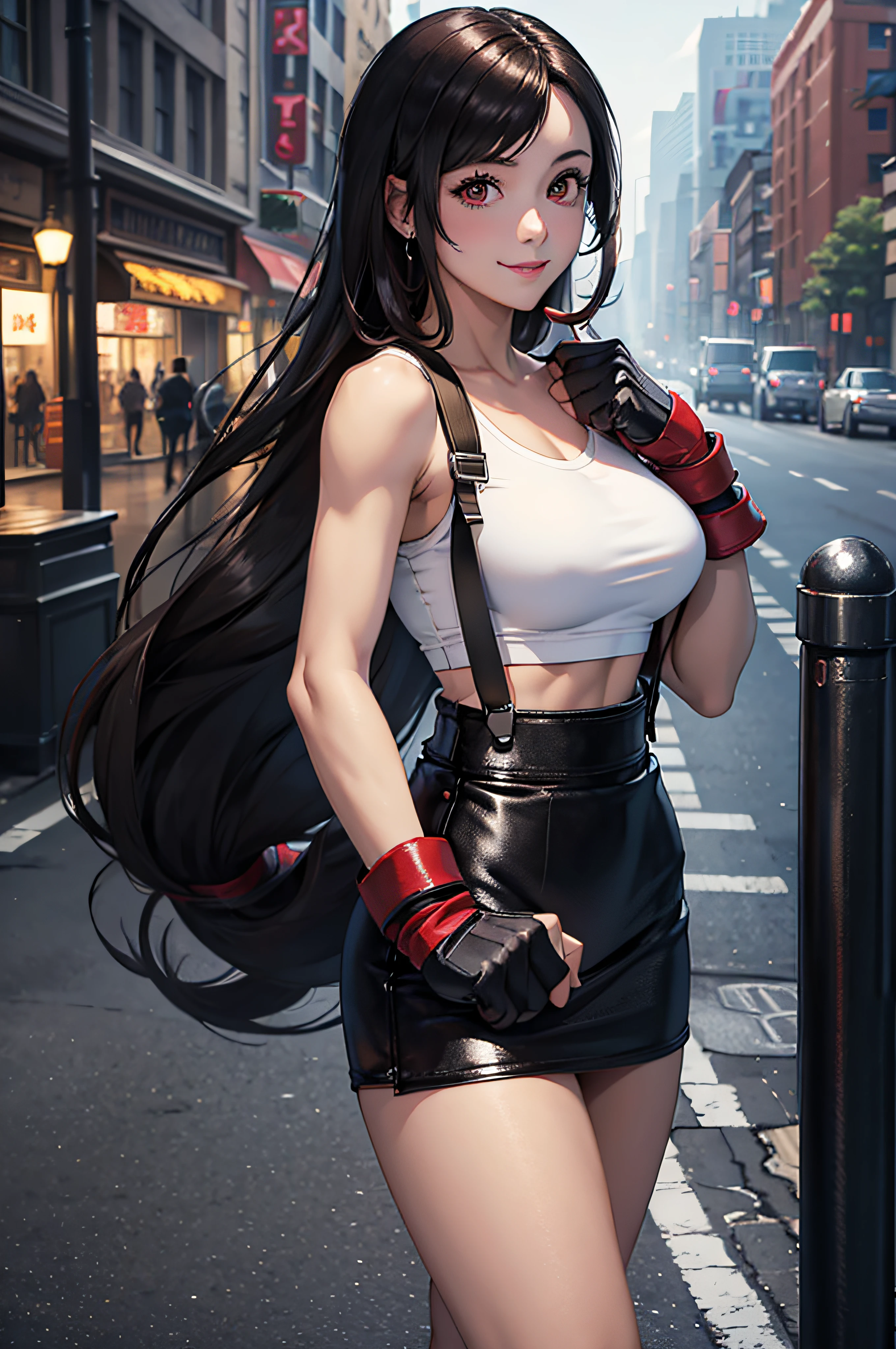 (masterpiece), best quality, expressive eyes, perfect face, 1 girl, solo, defTifa, white crop top, elbow pad, fingerless gloves, suspenders, pencil skirt, black socks, red boots, city, metallic city, night, smiling, posing, standing, upper body, portrait, looking at the viewer,