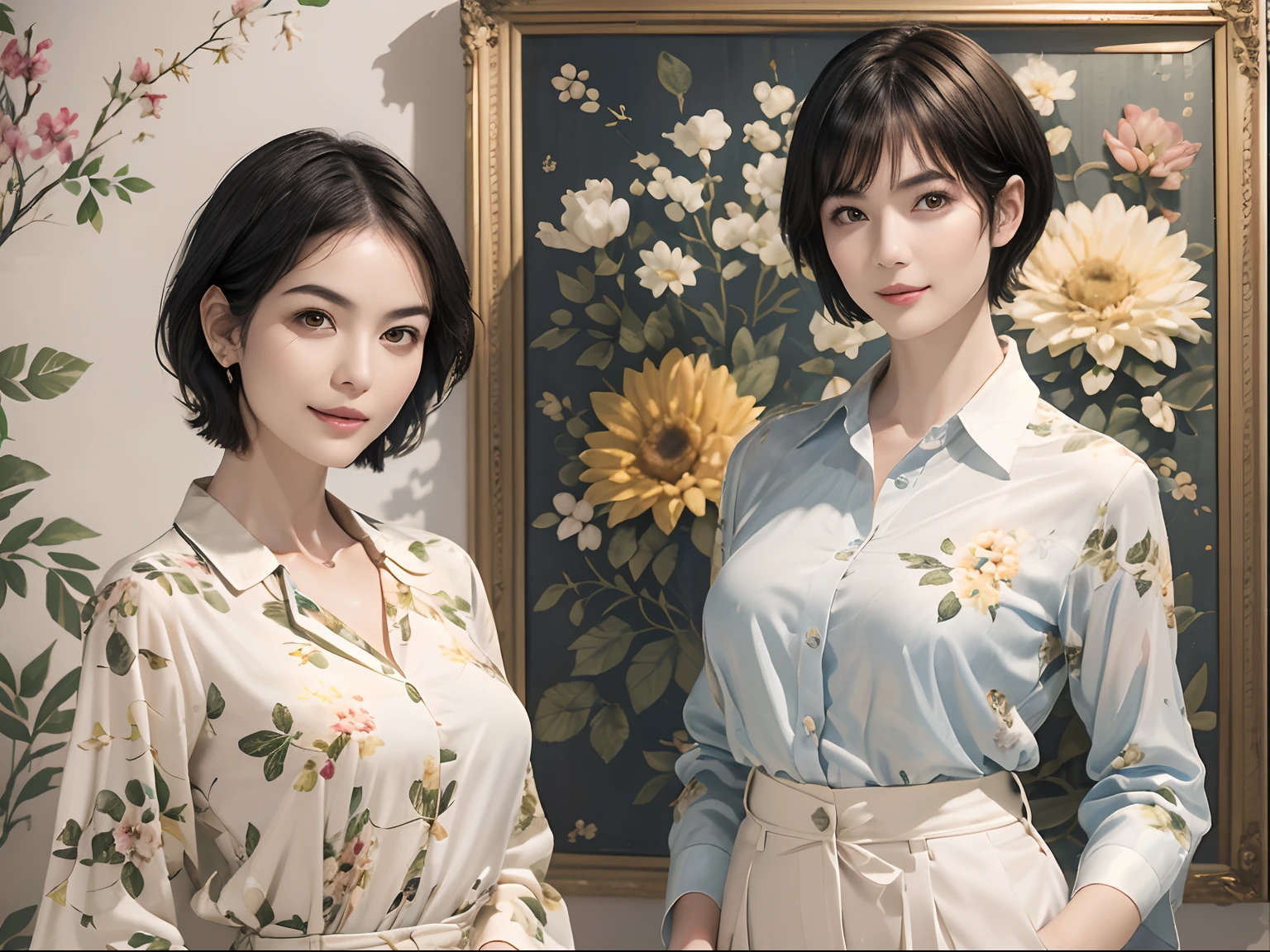 95
(a 20 yo woman,is standing), (A hyper-realistic), (masutepiece), ((short-hair:1.46)), (Smooth black hair), wear long pants, (Wearing a long-sleeved shirt with a floral print), (painterly、picture frame), (Gentle smile), (Keep your mouth shut), Fractal pattern of light