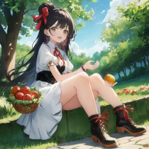 anime girl sitting on the wall holding a basket of fruit, anime style 4 k, beautiful anime girl squatting, high quality anime ar...