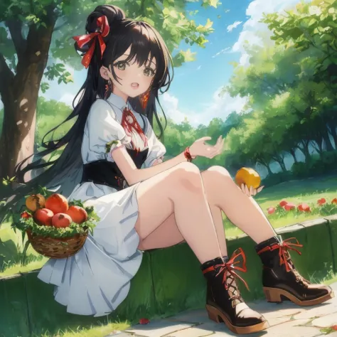 anime girl sitting on the wall holding a basket of fruit, anime style 4 k, beautiful anime girl squatting, high quality anime ar...