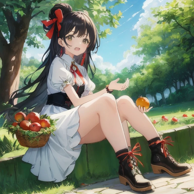 Anime girl sitting on the wall holding a basket of fruit, anime style 4 k, beautiful anime girl squatting, High quality anime art style, Cute anime girl, the anime girl is crouching, Anime visuals of cute girls, anime moe art style, Beautiful anime girl, guweiz, official artwork, anime lush john 8k woods