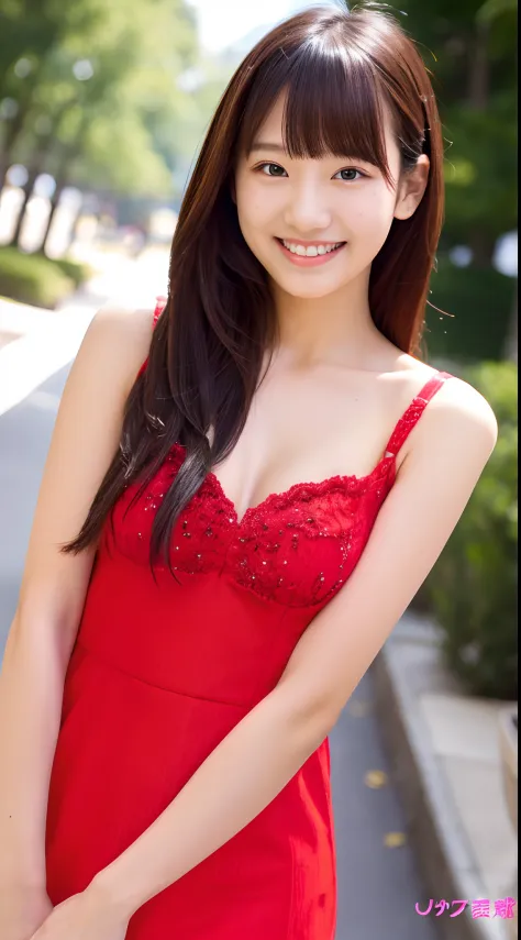 masutepiece、Best Quality、ultra-detailliert、Red Mini Dress、A smile、Upper Body Up、18year old、Not wearing a bra