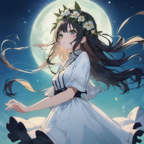 anime girl with long hair and flower crown in front of the full moon, anime moe art style, ethereal anime, hestia, loli in dress...