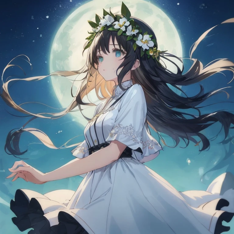 Anime girl with long hair and flower crown in front of the full moon, anime moe art style, ethereal anime, hestia, loli in dress, guweiz, nightcore, the glow of the moonlight, Anime art wallpaper 8k, Cute anime waifu in a nice dress, Anime visuals of cute girls, Kantai Collection Style, 4 k manga wallpaper