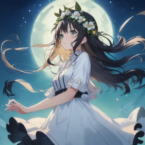 anime girl with long hair and flower crown in front of the full moon, anime moe art style, ethereal anime, hestia, loli in dress...