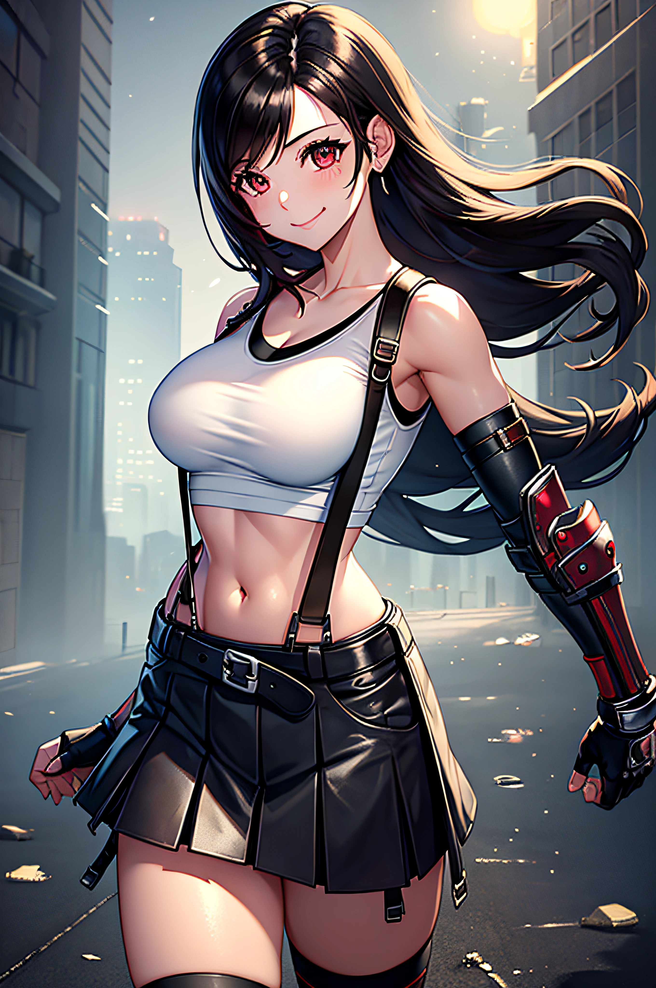 (masterpiece), best quality, expressive eyes, perfect face, 1 girl, solo, 7rtifa, white crop top, arm guards, fingerless gloves, suspenders, pleated miniskirt, black thighhighs, red boots, city, metallic city, night, smiling, posing, standing, upper body, portrait, looking at the viewer,