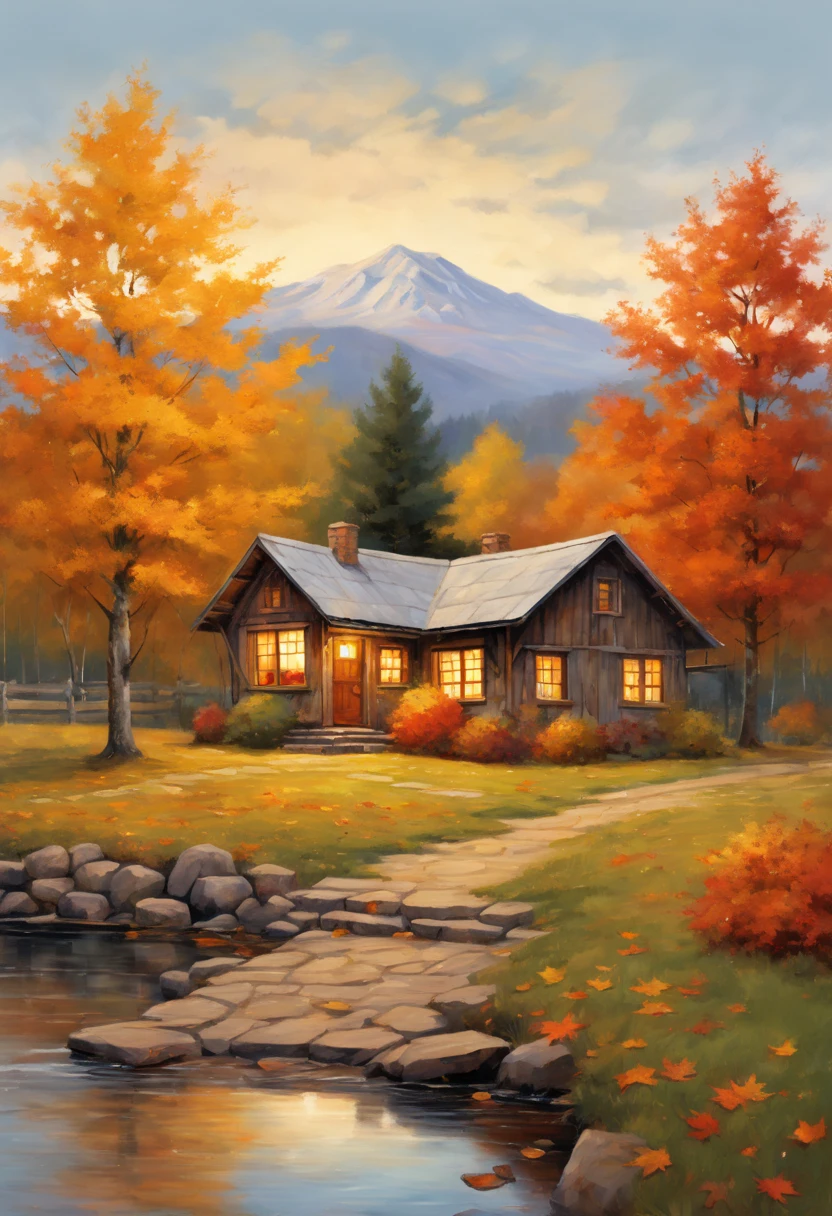 Autumn landscape, foliage, crisp, serene, nostalgic, rustling, bountiful, embraces falling leaves in a rustic, bittersweet, and cozy art style.