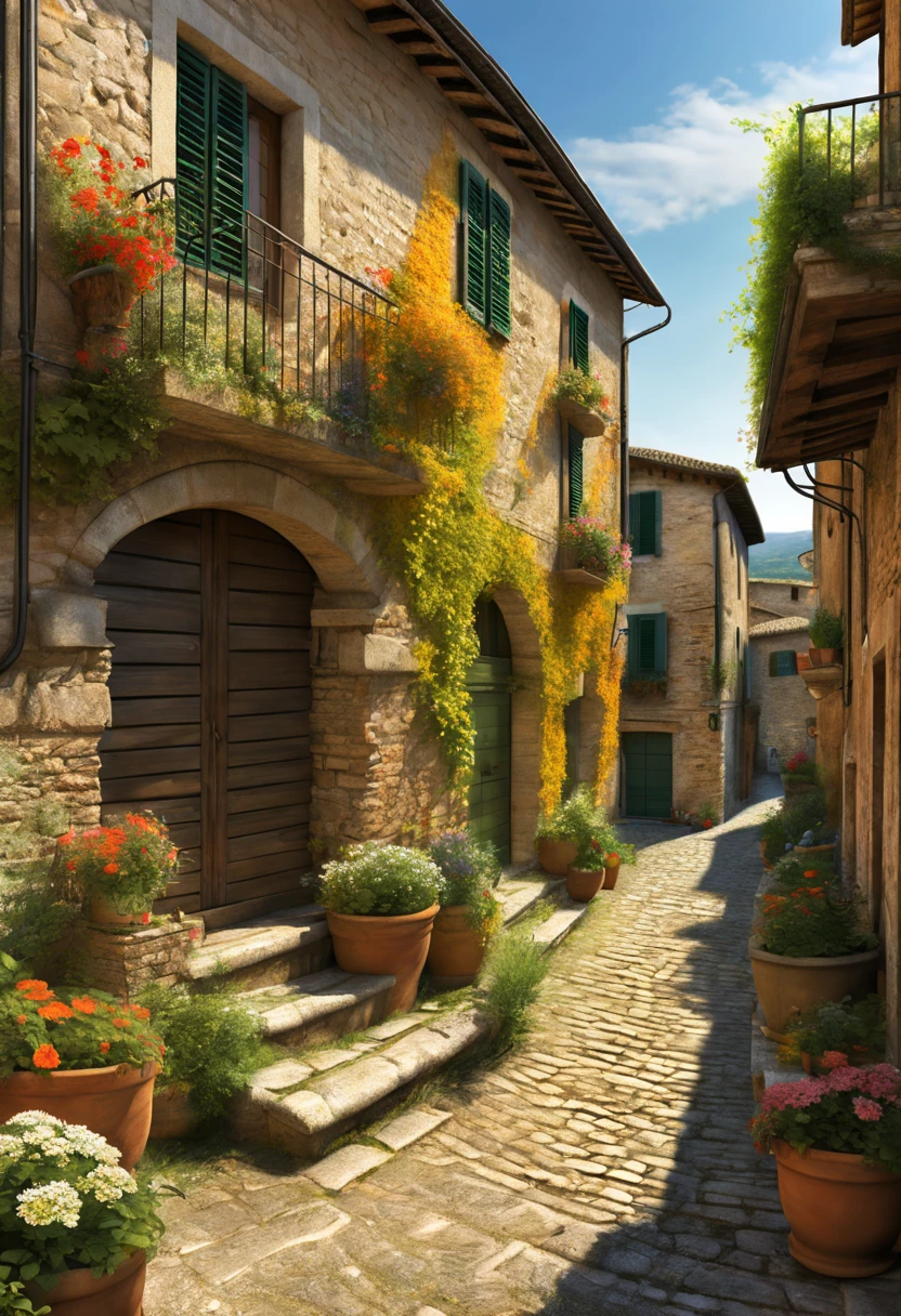 Spello, Umbria Italy landscape, Digital illustration, Hyper-Detailed, 16k, Multicolor, Intricate, Elegant, harmonic translucent colors, precise, exquisite, complex, realistic digital painting extremely detailed fantasy beautiful ultra detailed high definition colourful hdr Richard Estes