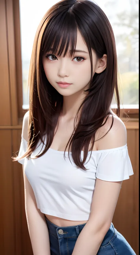 (masutepiece, Best quality:1.2), 8K, 15yo student, 85 mm, offcial art, RAW photo, absurderes, White off-the-shoulder cropped T-shirt, Pretty face,full bodyesbian, Beautiful girl, Stand in the classroom, view the viewer, No makeup, (Smile:0.5), filmgrain, c...
