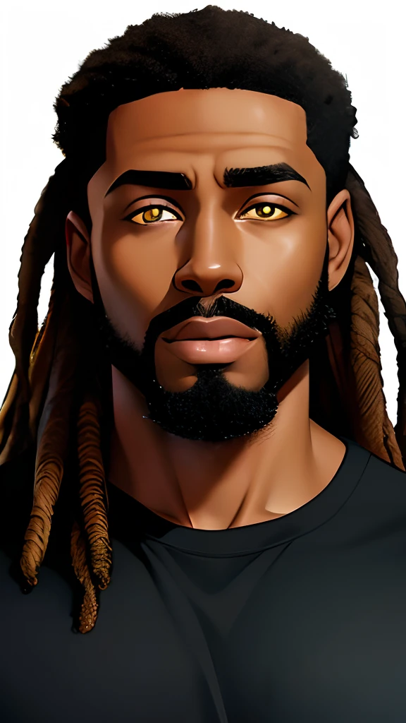 young African man that looks like Wesley Snipes. face only. portrait. big full beard. extremely dark black skin. wide nose bridge. yellow eyes. all black dreadlocks. plain t-shirt