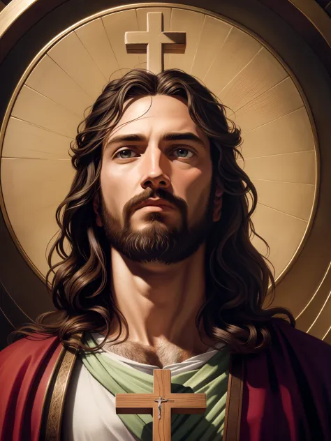 Highly detailed portrait of Jesus looking up to heaven holding a cross