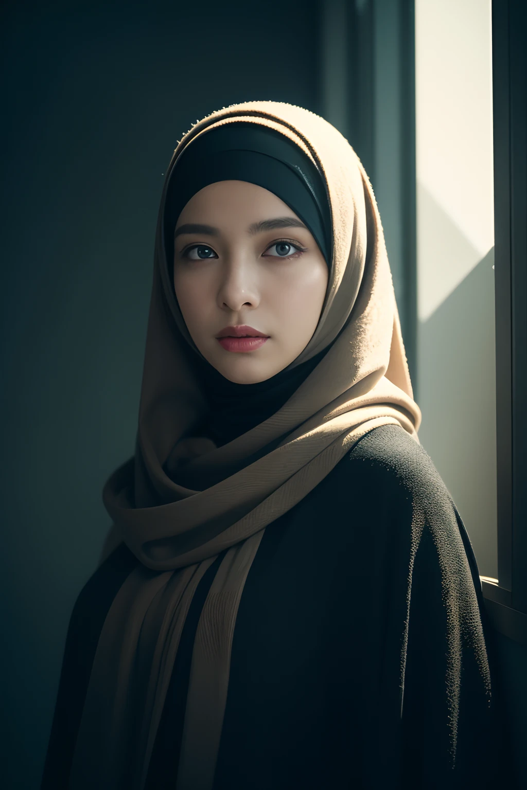 hijabi, reflection light, chiaroscuro, depth of field, cinematic lighting, ray tracing, Sony FE GM, UHD, super detail, masterpiece, textured skin, high details, best quality, award winning，3D, A beautiful cyberpunk female image,hdr（HighDynamicRange）,Ray traching,NVIDIA RTX,Hyper-Resolution,Unreal 5,Subsurface scattering、PBR Texture、post-proces、Anisotropy Filtering、depth of fields、maximum definition and sharpness、Many-Layer Textures、Albedo e mapas Speculares、Surface coloring、Accurate simulation octane rendering of light-material interactions、Two-colored light、largeaperture、Low ISO、White balance、the rule of thirds、8K raw data、blackstockings