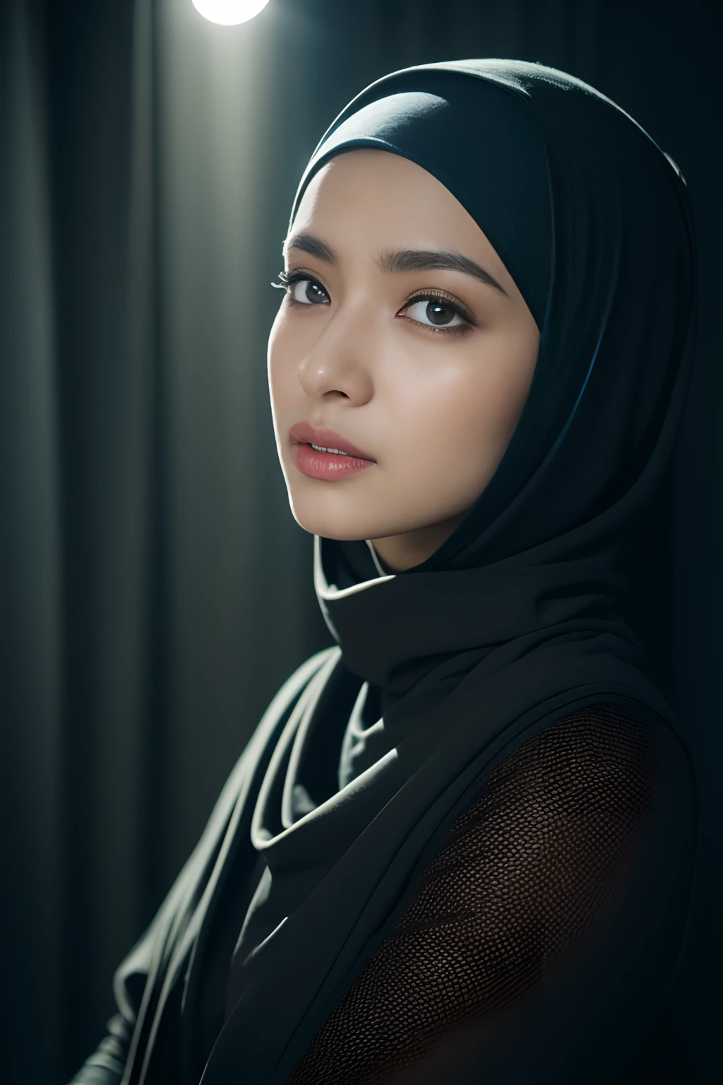 hijabi, reflection light, chiaroscuro, depth of field, cinematic lighting, ray tracing, Sony FE GM, UHD, super detail, masterpiece, textured skin, high details, best quality, award winning，3D, A beautiful cyberpunk female image,hdr（HighDynamicRange）,Ray traching,NVIDIA RTX,Hyper-Resolution,Unreal 5,Subsurface scattering、PBR Texture、post-proces、Anisotropy Filtering、depth of fields、maximum definition and sharpness、Many-Layer Textures、Albedo e mapas Speculares、Surface coloring、Accurate simulation octane rendering of light-material interactions、Two-colored light、largeaperture、Low ISO、White balance、the rule of thirds、8K raw data、blackstockings
