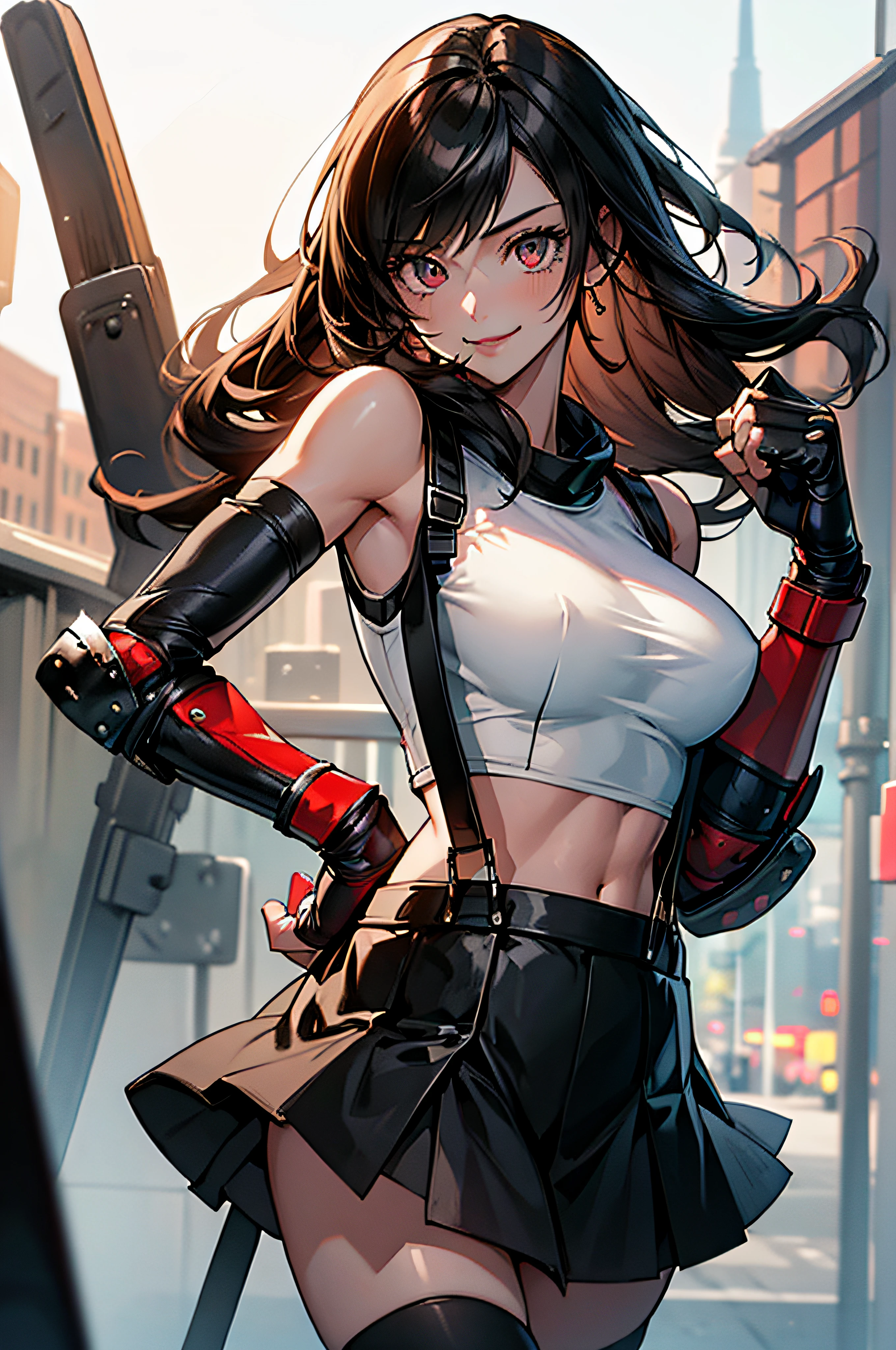 (masterpiece), best quality, expressive eyes, perfect face, 1 girl, solo, 7rtifa, white crop top, arm guards, fingerless gloves, suspenders, pleated miniskirt, black thighhighs, red boots, city, metallic city, night, smiling, posing, standing, upper body, portrait, looking at the viewer,