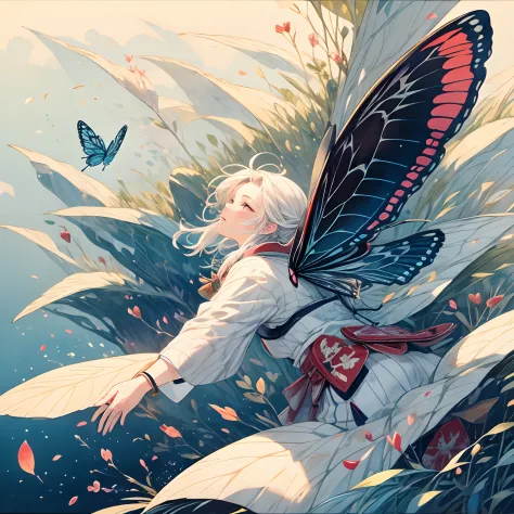 butterfly dream, Dream of a butterfly, (ukiyo-e), Cute Ukiyo-e, petals dance, flying dance,
