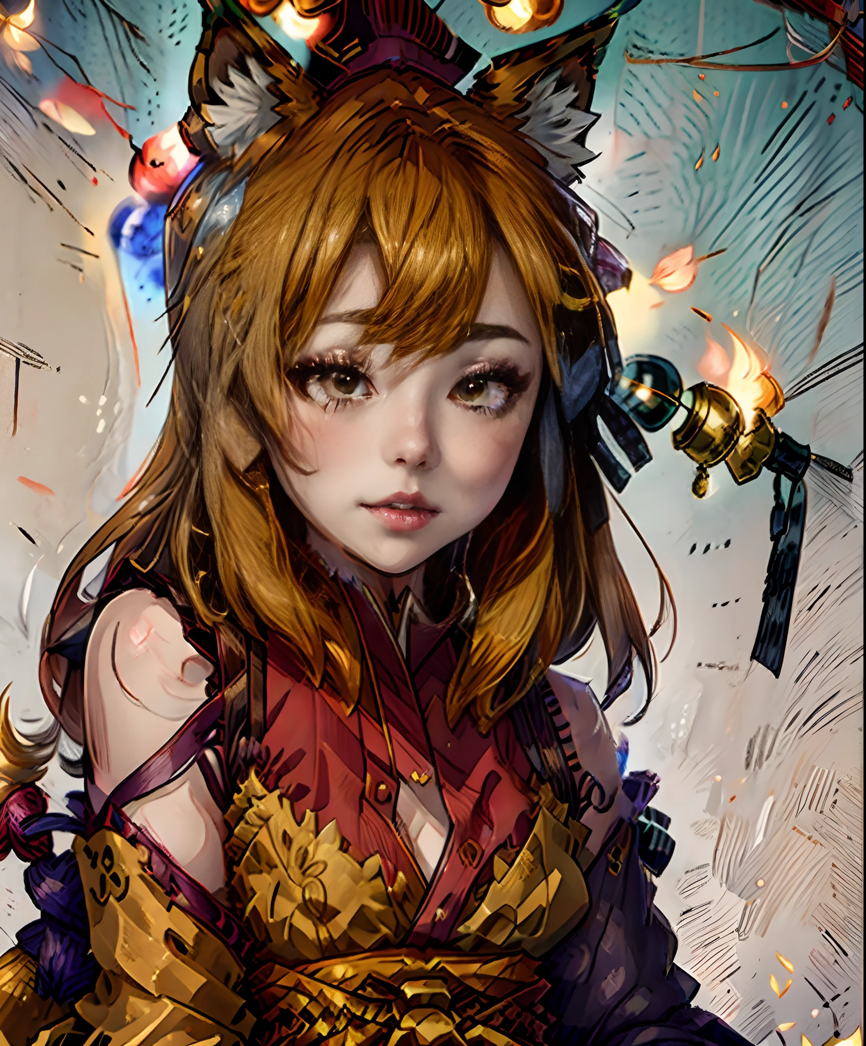 painting of a fox girl with a candy in its mouth and a flowered tail, kitsune three - tailed fox, ethereal fox, kitsune, three - tailed fox, fox nobushi, very very beautiful furry art, a beautiful fox lady, nine tails, whimsical fox, colorful kitsune city, kitsune holding torch, japanese art style, fox tail,add details to the eyes,prioritize the quality of eyes,eye improvement,very detailed eyes,((masterpiece)),((best quality)),((ultra-detailed)),(8k),((wallpaper)),((extremely detailed cg)),(RAW photo:1.2),beautiful,