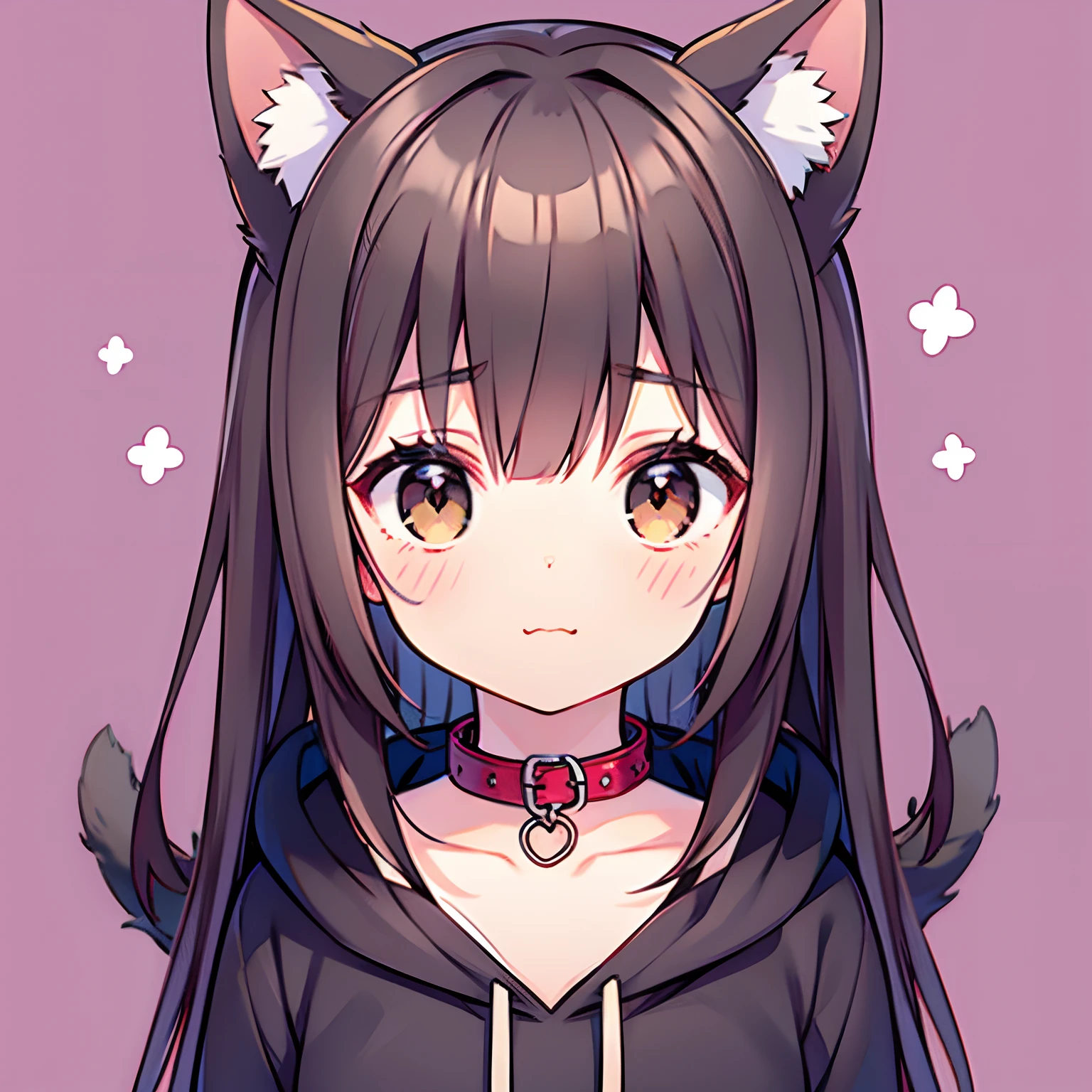 Cute anime girl with dark brown hair, brown puppy ears and a puppy tail, dark brown eyes, , wearing a hoodie, and a red collar, purple background