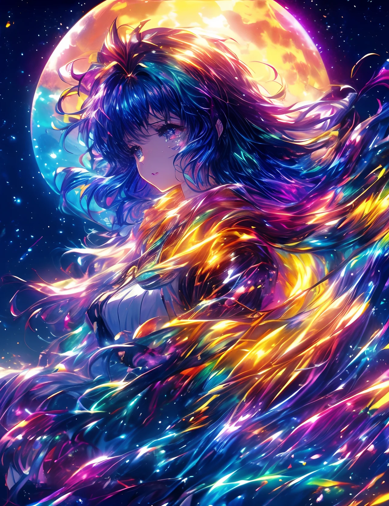 ((Supergiant pale yellow moon))((A girl who looks up at her profile and is subjectively depicted))、((Crying girl))、Profile Girls、On a multicolored background、River painting with stars and moon in rainbow sky、Shining skyscrapers、Shine across the board、Concept art inspired by Mitsuoki Tosa、pixiv contest winners、top-quality、Fantasyart、beautiful anime scene、Bright moon、Moonlit star environment、Dream painting、Anime Background Art、Fantasy landscape art、fantasy knight、anime backgrounds、background artwork、Fantastic art、atmospheric anime、starrysky、Detail has been enhanced。