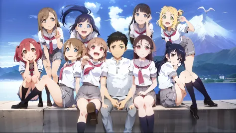 anime girls sitting on a ledge with a mountain in the background, official studio anime still, anime key visual”, official anime...