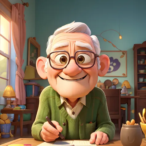 A happy one, Lovely old man living alone at home, Eat good food、Draw、Watch TV、Look at your phone. He spends his days in Disney-Pixar-style illustrations. (Best quality, 4K, A high resolution, Masterpiece:1.2), Ultra-detailed, Realistic:1.37, Vibrant colors...