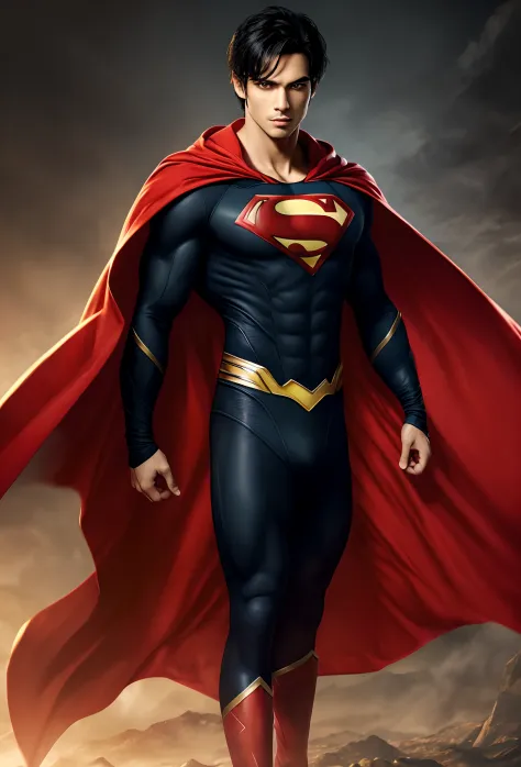 Handsome, male, superhero, red eyes, black hair, black costume, red cape,
