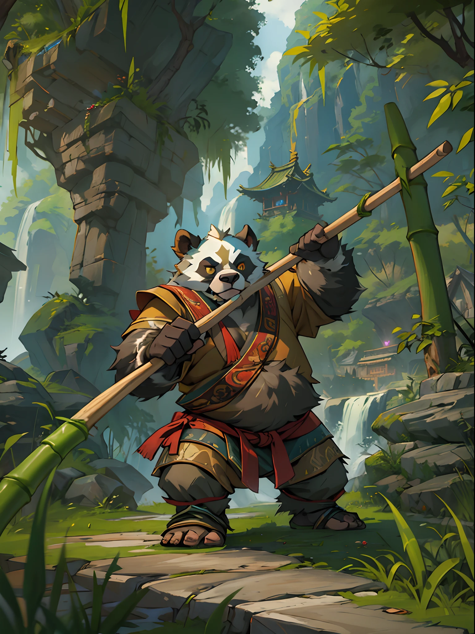 Pandaren martial artist，Holding a bamboo stick，Heavy fur，world of warcraft，gaming character，The background is the scenery of Guilin, China