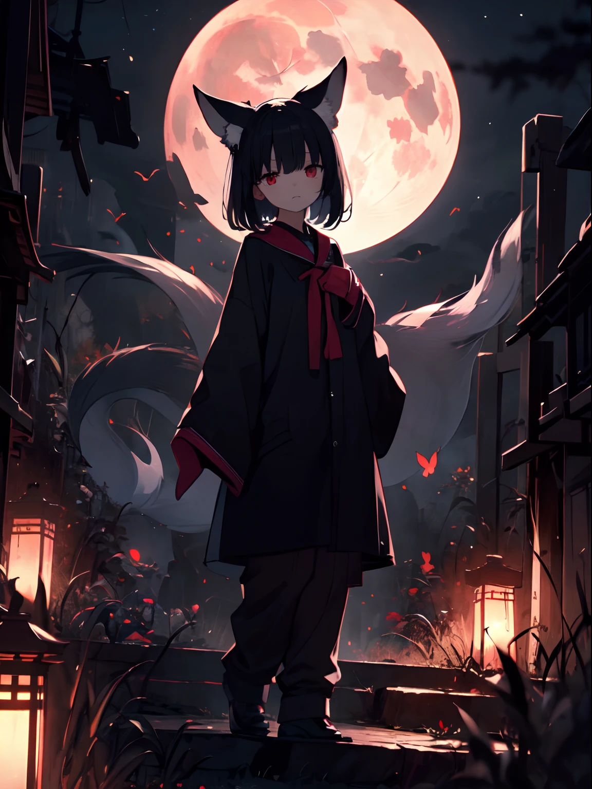 Small kitsune girl with red eyes, (sleeves past fingers, hide fingers), eerie and menancing, under the moonlight, ghostdom