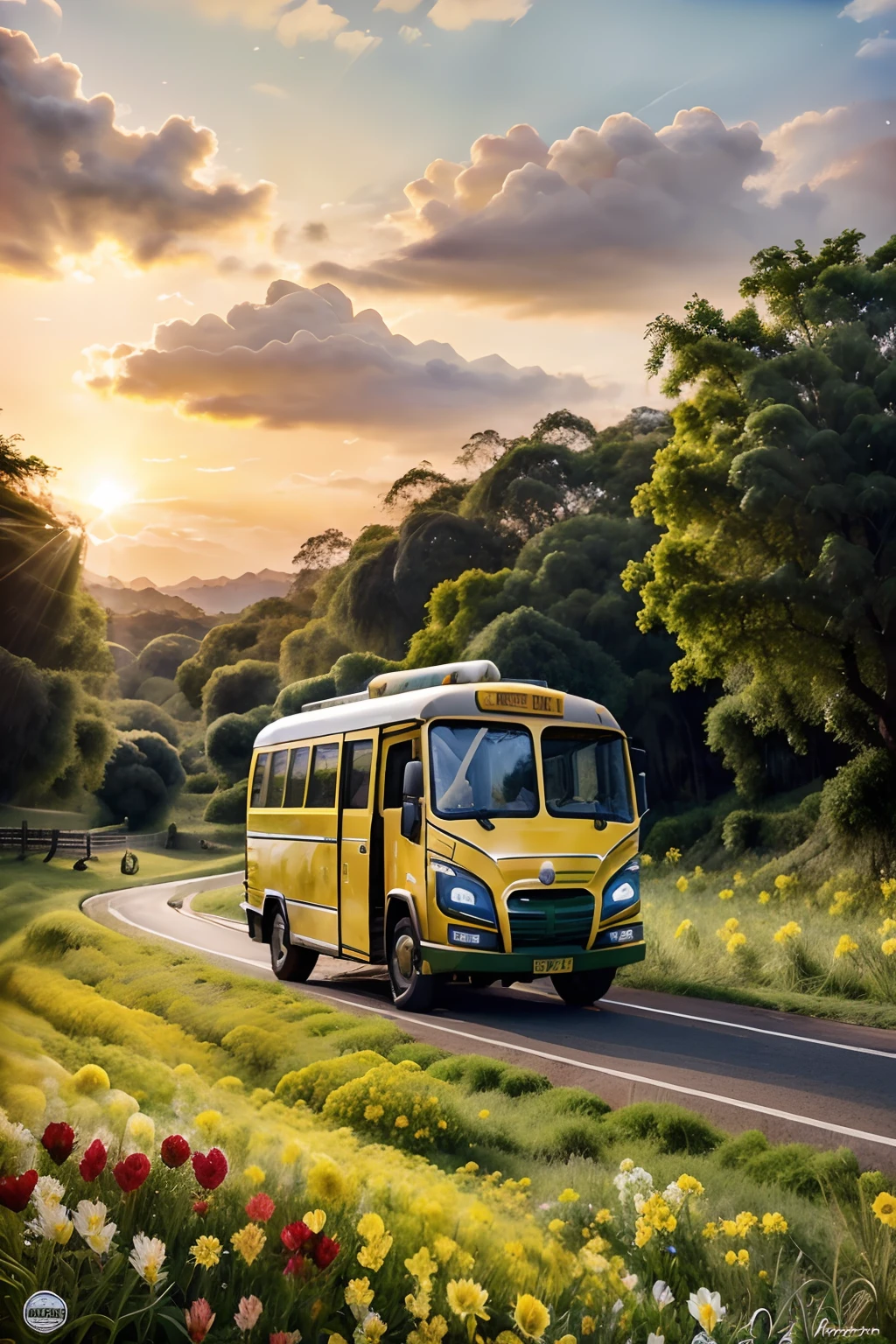 uma estrada com campos floridos em sua esquerda e direita, Ônibus amarelo ao meio, Cenário de fanfic, hora do pôr do sol, atmosfera escura, arte estilo pintura aquarelada