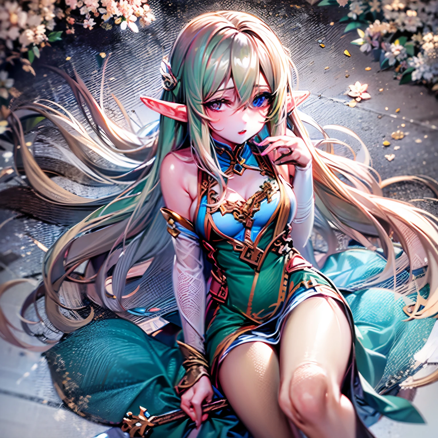 RAW, professional photograph, movie photograph, medium shot, Female elf, young elf, goddess elf, emerald crown, white dress, see-through floating in the middle of the space, in front of pink galaxy, athletic body, soft facial features, long hair, straight hair, light blue hair, blue eyes, Realism, hyperrealism, ray tracing, high details, super detail, UHD, 8k, close up