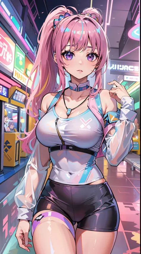 ((Masterpiece)), best quality, absurderes, ultra detailed, holographic, cowboy shot, golden ratio, super cute girl, mature girl, idol girl, super beautiful asian girl with very beautiful violet glowing eyes, beautiful glowing brown multicolored hair, high ...