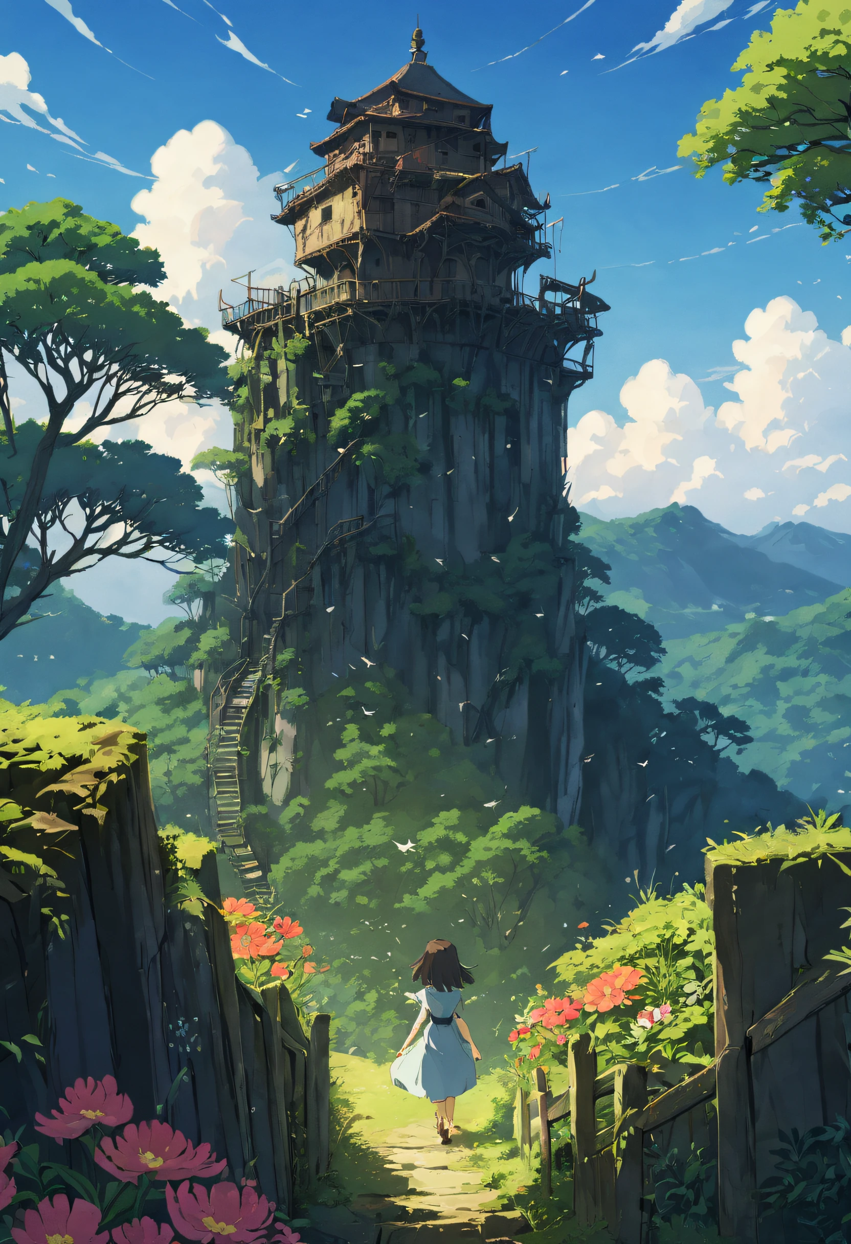 ancient watchtower, tall trees, large trees , jungle ,mountain, flowers, fences, birds, wrecks, studio ghibli anime, anime illustration, cinematic lighting, (((best quality))),(((masterpiece)))